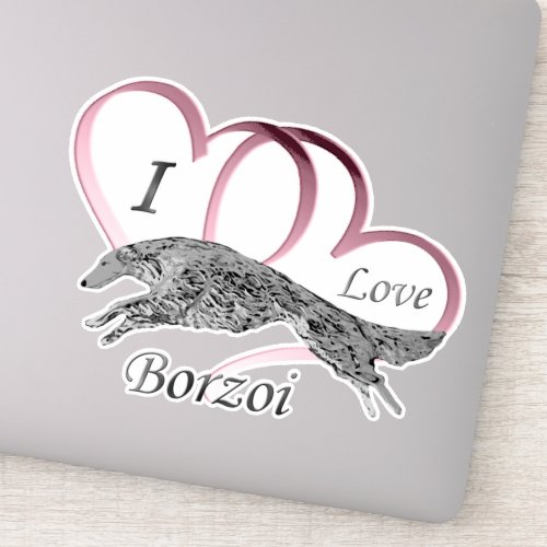 Pink I Love Borzoi Die Cut Vinyl Sticker