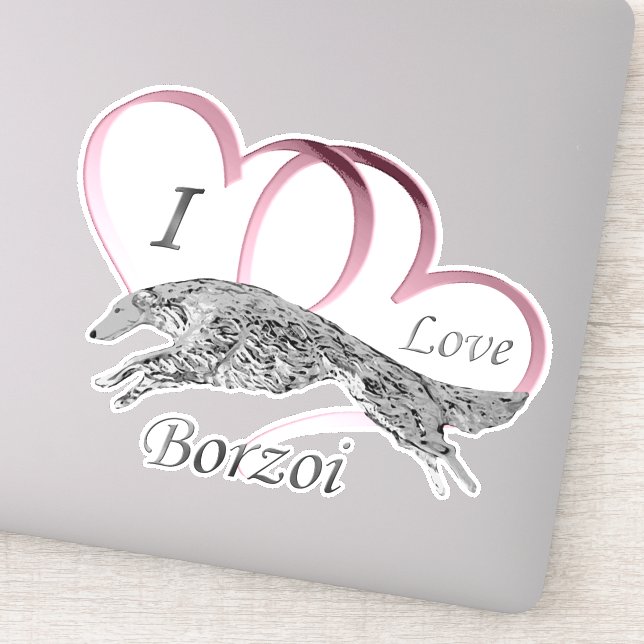 Pink I Love Borzoi Die Cut Vinyl Sticker (Detail)
