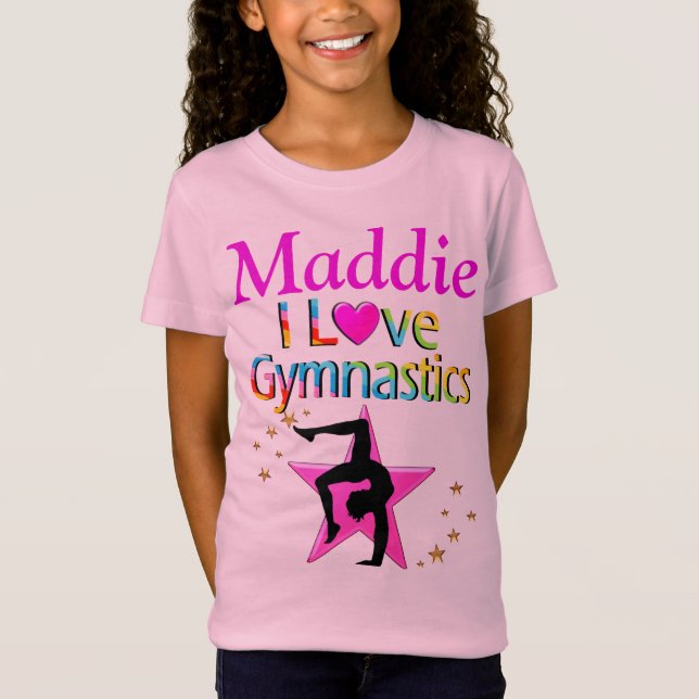 PINK I LOVE GYMNASTICS PERSONALIZED T SHIRT (Front)