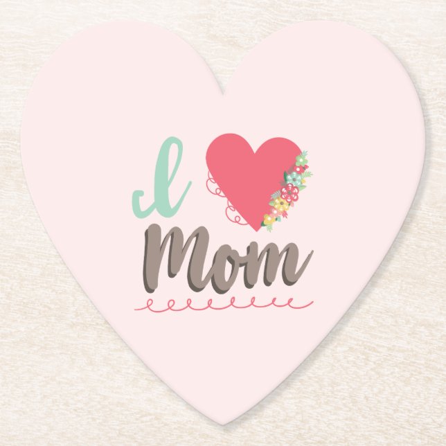 Pink I love mom heart Paper Coaster (Front)