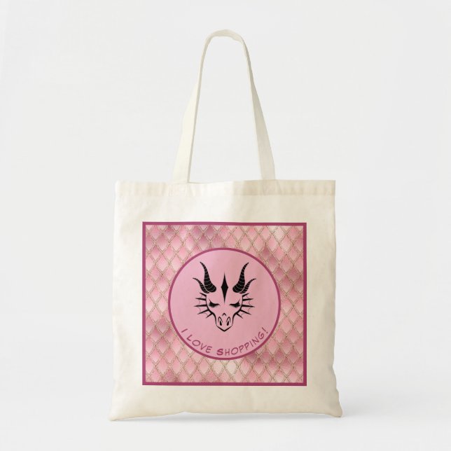 Pink I Love Shopping Dragon Head & Scales Tote Bag (Front)
