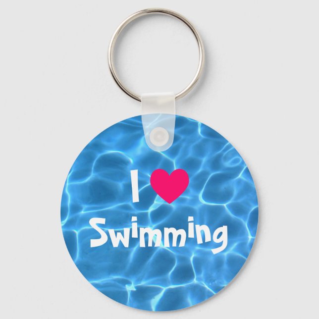 Pink I Love Swimming Blue Swimming Pool Keychain (Front)