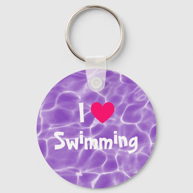Pink I Love Swimming Purple Swimming Pool Keychain (Front)