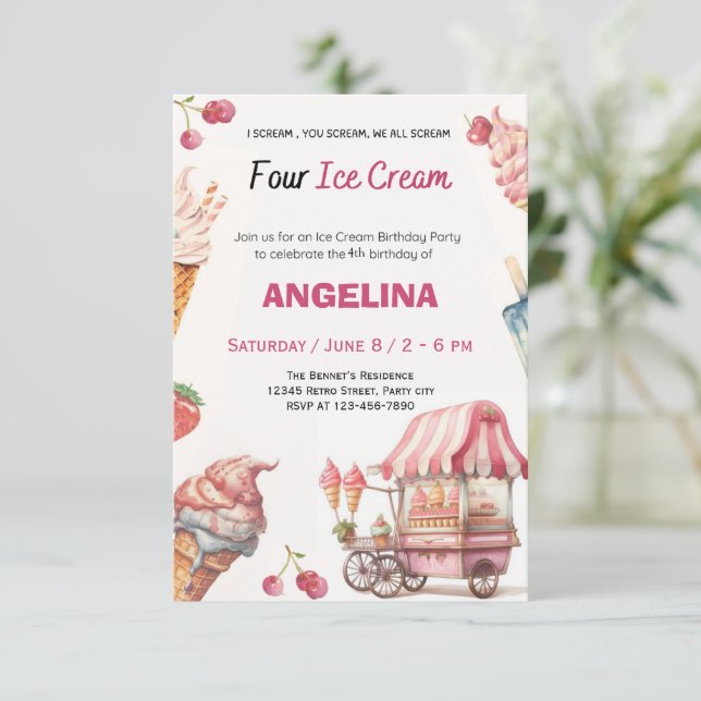 Pink Ice Cream 4th Birthday Invitation | Sweet Pas (Standing Front)