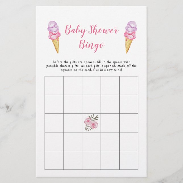 Pink Ice Cream Baby Shower Bingo Game (Front)