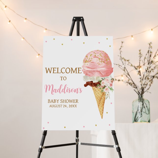 Pink Ice Cream Baby Shower Welcome Sign (In Situ (Stand))