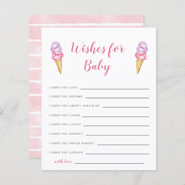 Pink Ice Cream Baby Shower Wishes for Baby Card (Front/Back)