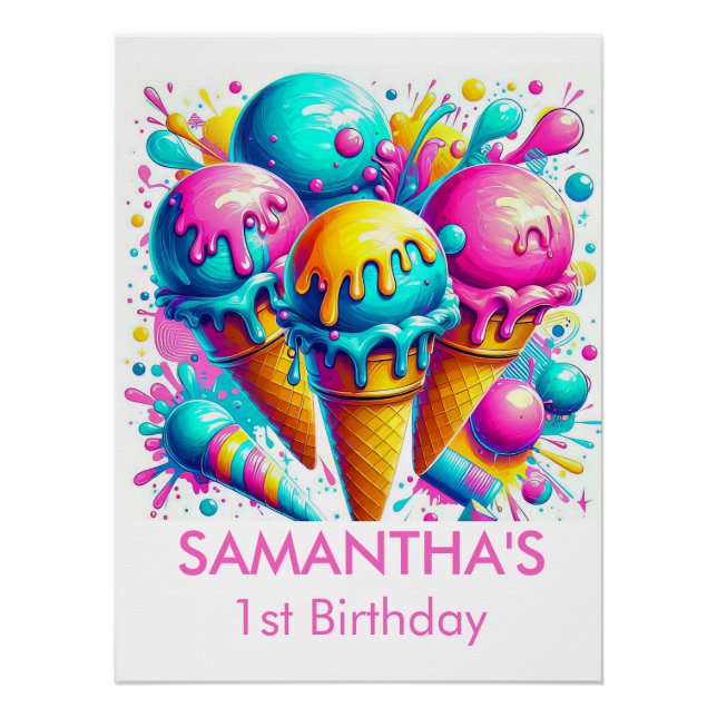 Pink ice cream birthday party Glossy Poster (Front)