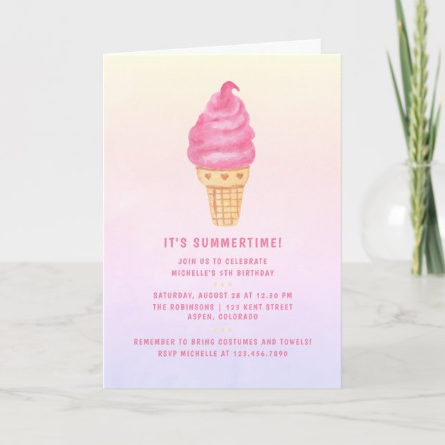 Pink Ice Cream Birthday Party Invitation (Front)