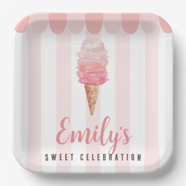 Pink Ice Cream Birthday Party Paper Plates (Front)