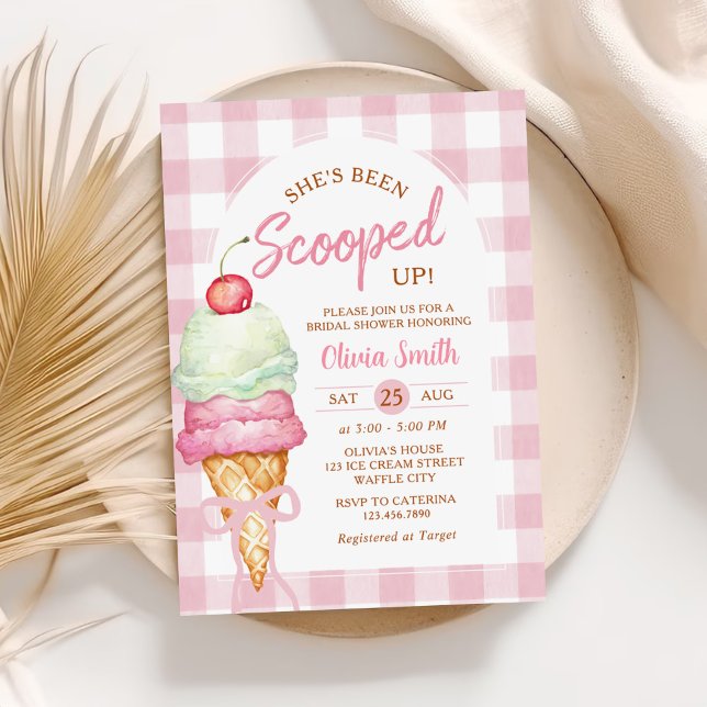 Pink Ice Cream Bow Gingham Bridal Shower Invitation (Creator Uploaded)