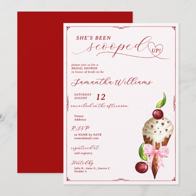 Pink Ice Cream Cherry Red Scooped Up Bridal Shower Invitation (Front/Back)