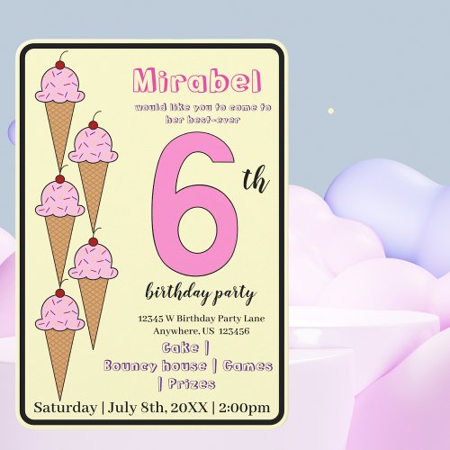 Pink Ice Cream Cone 6th Birthday Party Kids Invitation