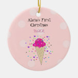 Pink Ice Cream Cone Baby First Christmas Ceramic Ornament
