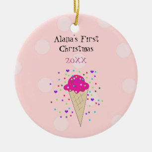 Pink Ice Cream Cone Baby First Christmas Ceramic Ornament