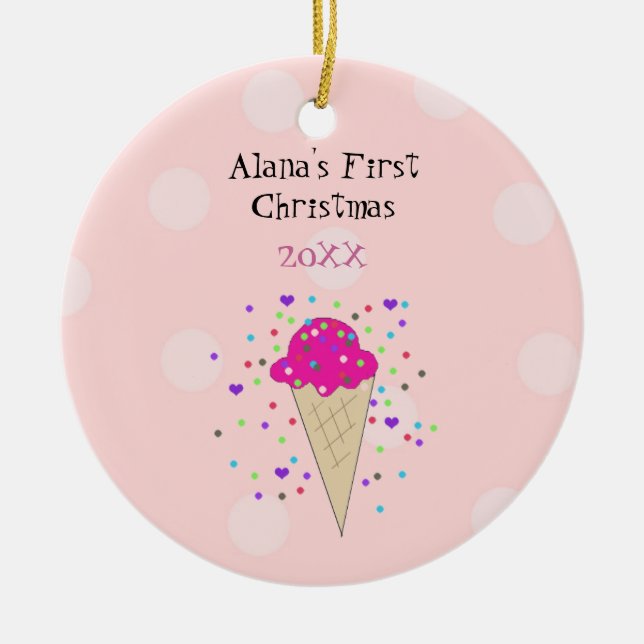 Pink Ice Cream Cone Baby First Christmas Ceramic Ornament (Front)
