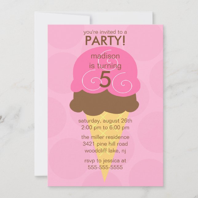 Pink Ice Cream Cone Birthday Invitation (Front)