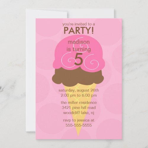 Pink Ice Cream Cone Birthday Invitation