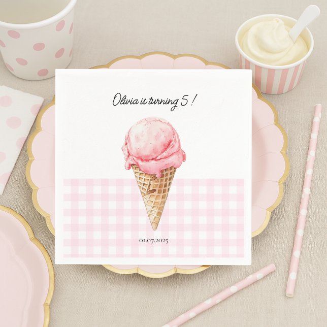 Pink Ice Cream Cone Birthday Napkin | Personalized (Creator Uploaded)