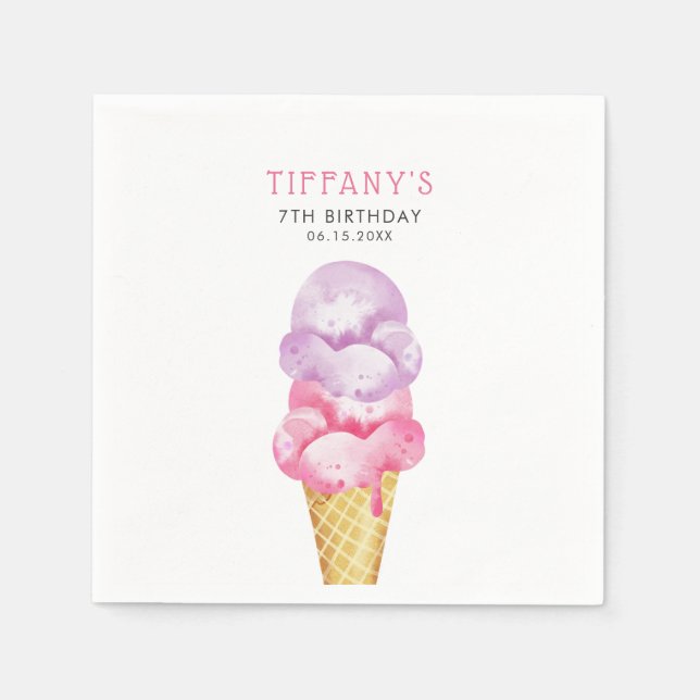 Pink Ice Cream Cone Birthday Party Napkins (Front)