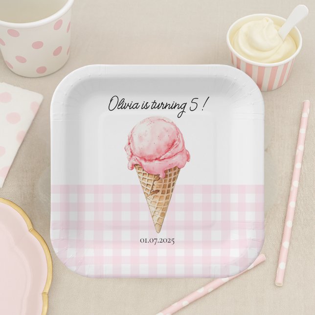 Pink Ice Cream Cone Birthday Party Paper Plates (Creator Uploaded)