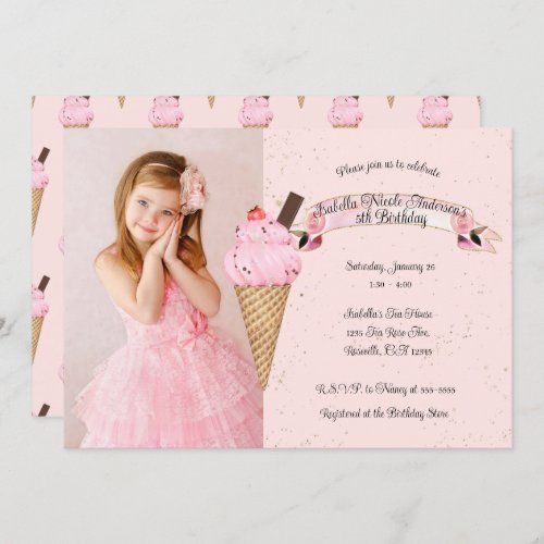 Pink Ice Cream Cone Birthday Party Photo   Invitation