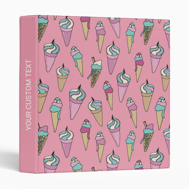 Pink Ice Cream Cone Custom Text 3 Ring Binder (Front/Spine)