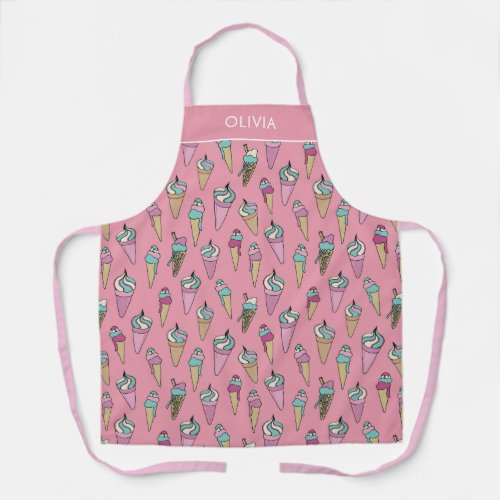Pink Ice Cream Cone Gift pattern Personalized Name Apron