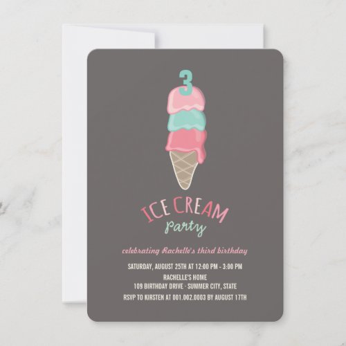 Pink Ice Cream Cone Girl 3rd Birthday Party Invite