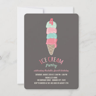 Pink Ice Cream Cone Girl 4th Birthday Party Invite