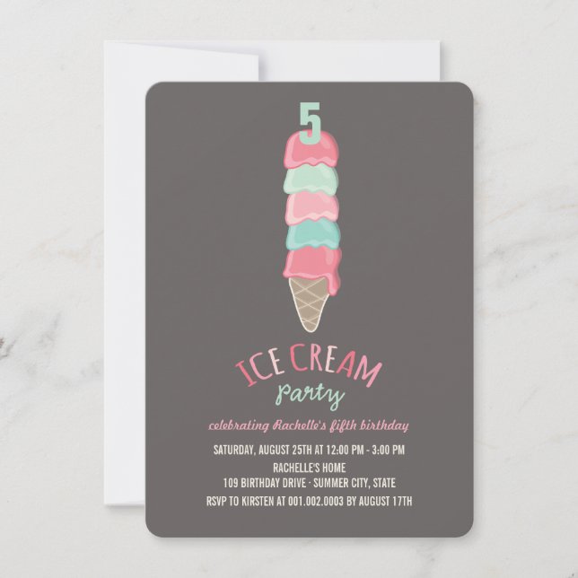 Pink Ice Cream Cone Girl 5th Birthday Party Invite (Front)