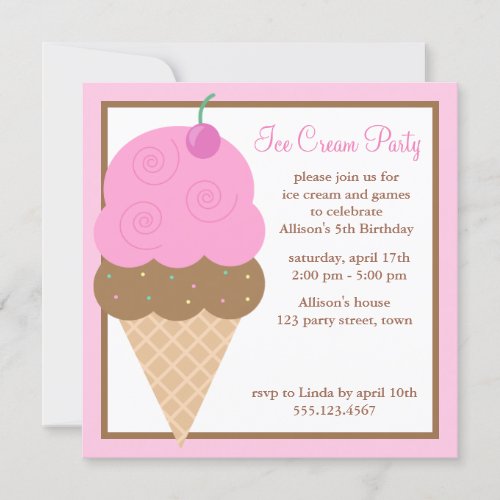 Strawberry Pink Ice Cream Cone Invitation
