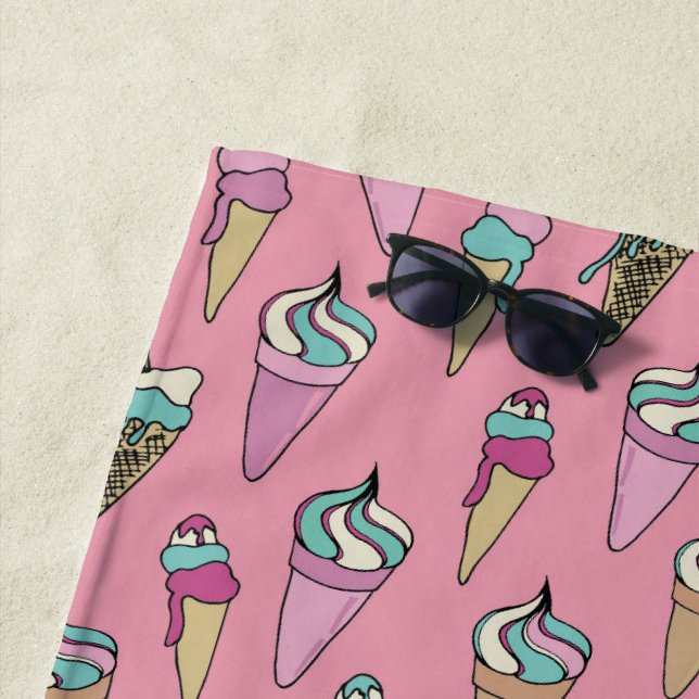 Pink Ice Cream Cone Pattern Beach Towel (In Situ)