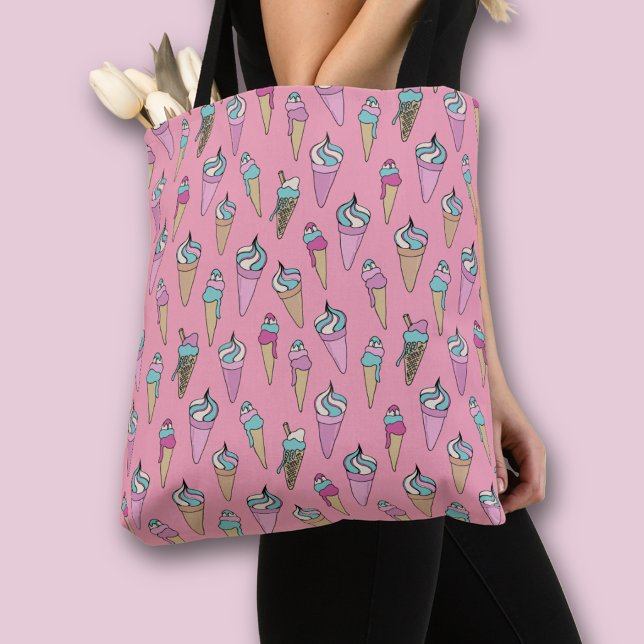 Pink Ice Cream Cone pattern Tote Bag (Ice Cream pattern all over print tote bag)