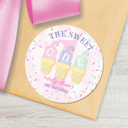 Pink Ice Cream Cone Polka Dots 1st Birthday Girl Classic Round Sticker