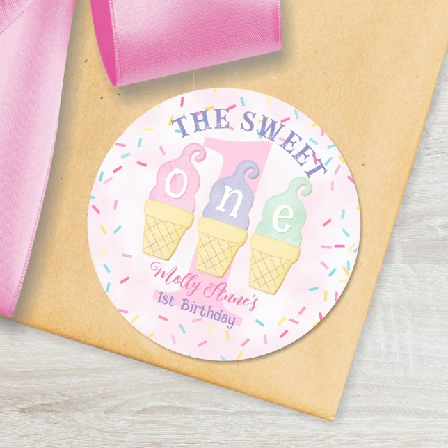 Pink Ice Cream Cone Polka Dots 1st Birthday Girl Classic Round Sticker (Creator Uploaded)