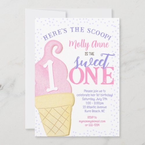 Pink Ice Cream Cone Polka Dots 1st Birthday Girl Invitation