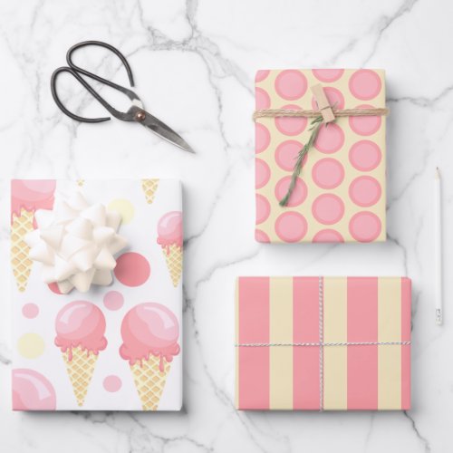 Pink Ice Cream Cone Wrapping Paper Sheet Set