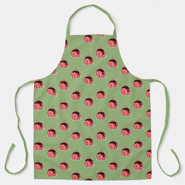 Pink ice cream cups on green apron (Front)