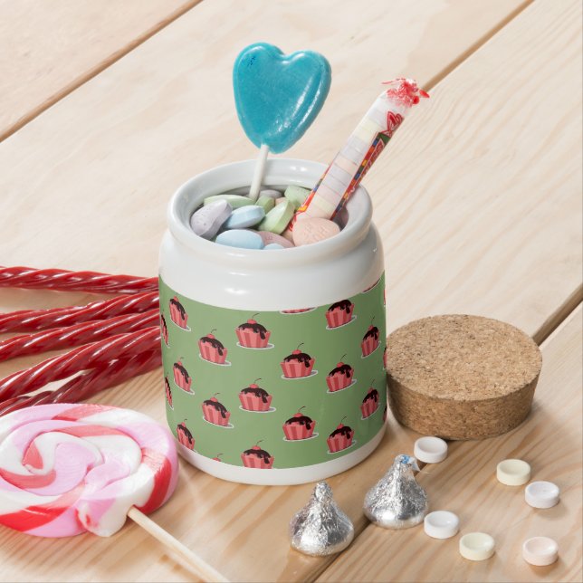 Pink ice cream cups on green candy jar (In Situ)