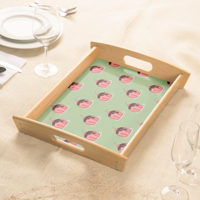 Pink ice cream cups on green serving tray (Front)