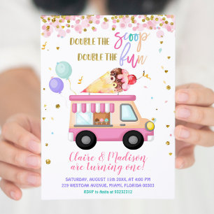 Pink Ice Cream Double The Scoop Twins Birthday Invitation