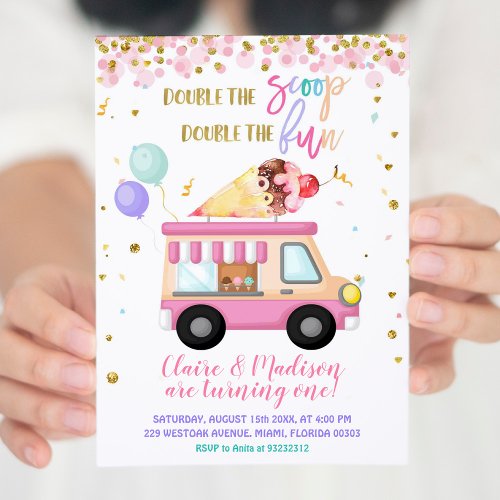 Pink Ice Cream Double The Scoop Twins Birthday Invitation