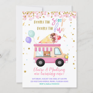 Editable Double the Scoops Twin Birthday Ice Cream Invitation -   Portugal