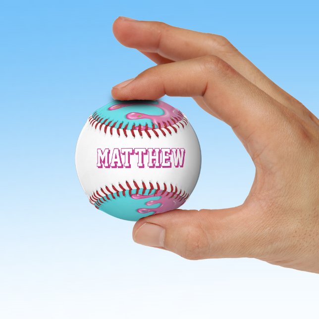 Pink Ice Cream Drip Baseball (Pink and blue ice cream drip personalized baseball)