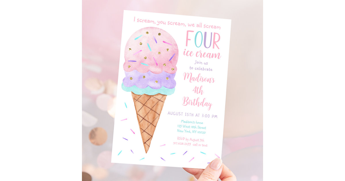 Pink Ice Cream Fourth Birthday Invitation