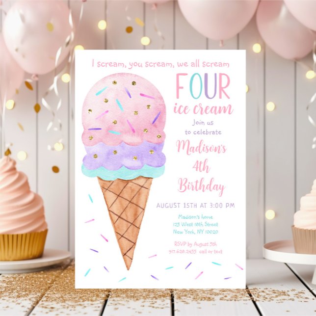 Pink Ice Cream Fourth Birthday Invitation (Creator Uploaded)