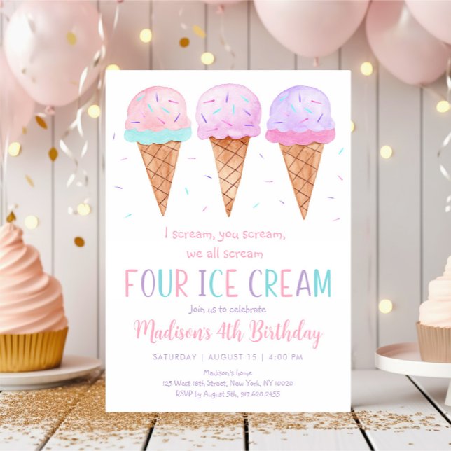 Pink Ice Cream Fourth Birthday Invitation (Creator Uploaded)