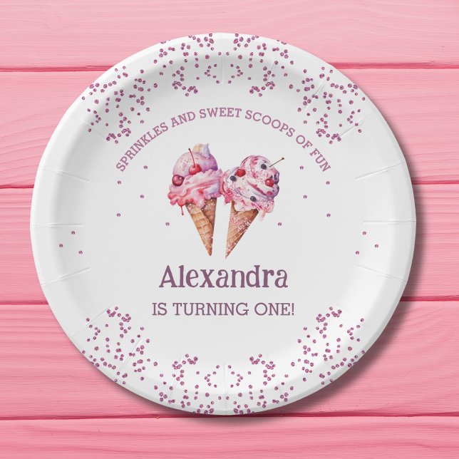 Pink Ice Cream Girl 1st Birthday Party Paper Plates (Creator Uploaded)