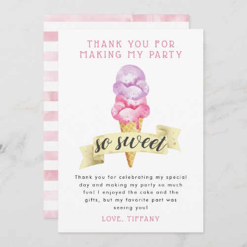 Pink Ice Cream Girl Birthday Party Thank You Card
